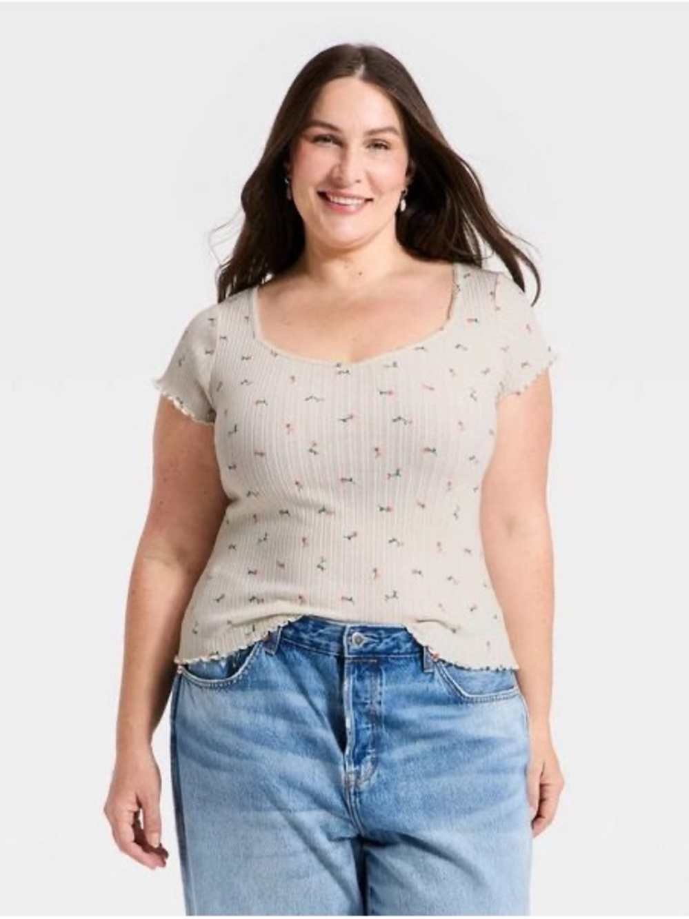 Slim Fit Short Sleeve Pointelle Sweetheart Neck T-Shirt